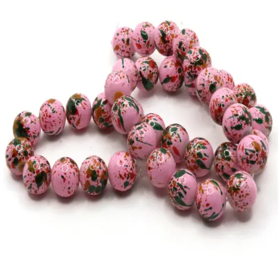 40 10mm Pink with Red and Green Splatter Paint Smooth Round Glass Beads {4}