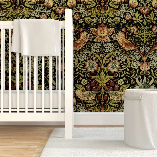 Pre-Pasted Wallpaper 2FT Wide William Morris Traditional Victorian Woven Look English Garden Arts And Craft Black Green Custom Pre-pasted Wallpaper by Spoonflower {1}