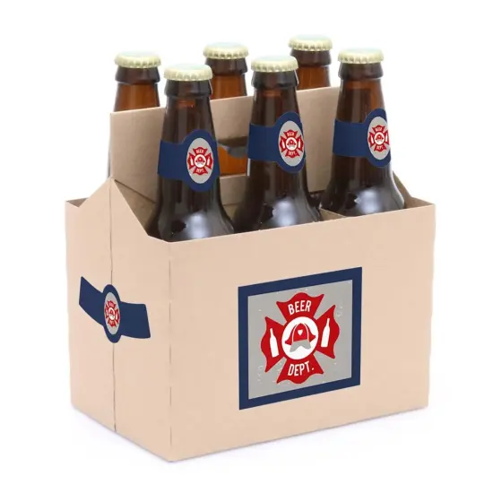 Big Dot of Happiness Fired Up Fire Truck - Firefighter Decorations for Women and Men - 6 Beer Bottle Label Stickers and 1 Carrier {3}