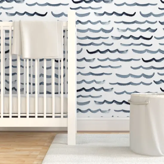 Pre-Pasted Wallpaper 2FT Wide Watercolor Ocean Modern Nautical Blue And White Abstract Waves Maritime Beach Custom Pre-pasted Wallpaper by Spoonflower {7}