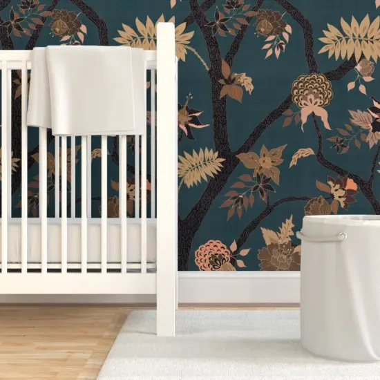 Pre-Pasted Wallpaper 2FT Wide Teal Peony Branch Bro Floral Large Scale Chinoiserie Botanical Woodland Forest Tree Foliage Custom Pre-pasted Wallpaper by Spoonflower {7}