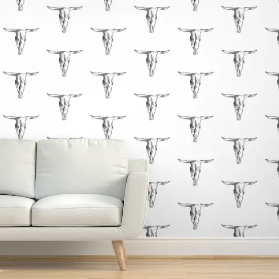 Peel & Stick Wallpaper 2FT Wide Cow Skull Bull Black And White Western Cowboy Rustic Custom Removable Wallpaper by Spoonflower {5}