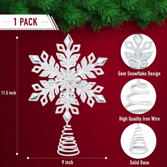 Ornativity Glitter Snowflake Tree Topper - White Sparkling Christmas Tree Decoration with Gem Design {6}
