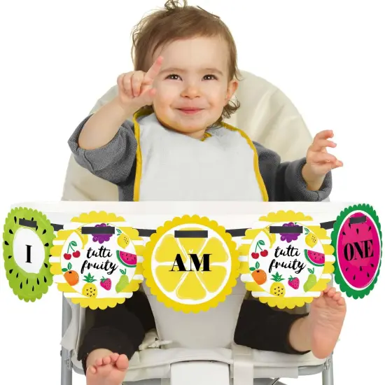 Big Dot of Happiness Tutti Fruity 1st Birthday Highchair Decor - I Am One - Frutti Summer First Birthday High Chair Banner {1}