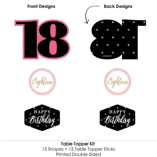 Big Dot of Happiness Chic 18th Birthday - Pink, Black and Gold - Birthday Party Centerpiece Sticks - Table Toppers - Set of 15 {6}
