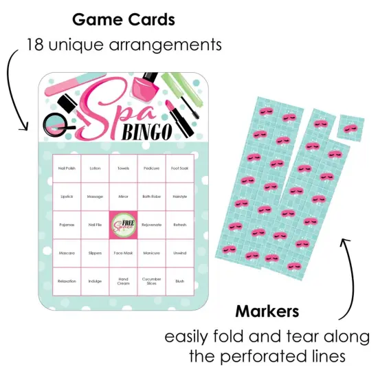 Big Dot of Happiness Spa Day - Bingo Cards and Markers - Girls Makeup Party Bingo Game - Set of 18 {3}