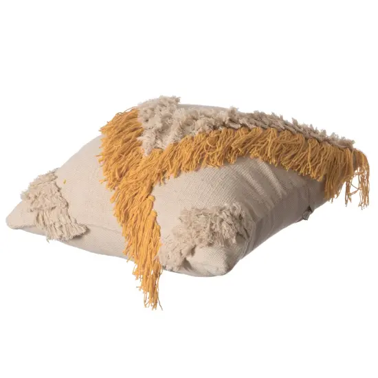 16" Handwoven Cotton Throw Pillow Cover with Embossed and Fringed Crossed line Yellow {5}