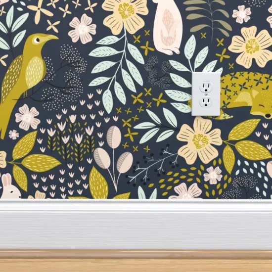 Peel & Stick Wallpaper 2FT Wide Nature Animals Botanical Foliage Floral Rabbit Fox Dark Background Custom Removable Wallpaper by Spoonflower {4}