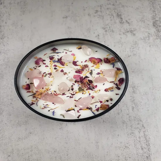 Enchanted Rose 8oz Tin Jar Candle Hand Poured with All Natural Soy Wax and Fragrant/Essential Oils! Dried Flowers & Rose Quartz Crystals {3}