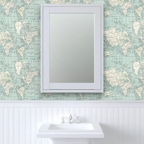 Pre-Pasted Wallpaper 2FT Wide Vintage Maps Blue And Cream World Map Geography Countries Travel Custom Pre-pasted Wallpaper by Spoonflower {6}