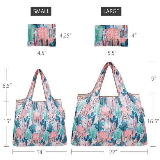Wrapables Large & Small Foldable Tote Nylon Reusable Grocery Bags, Set of 2 Colorful Cacti {2}