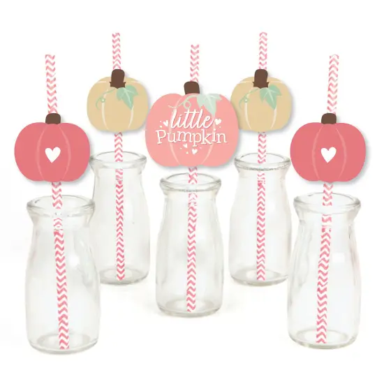 Big Dot of Happiness Girl Little Pumpkin - Paper Straw Decor - Fall Birthday Party or Baby Shower Striped Decorative Straws - Set of 24 {1}