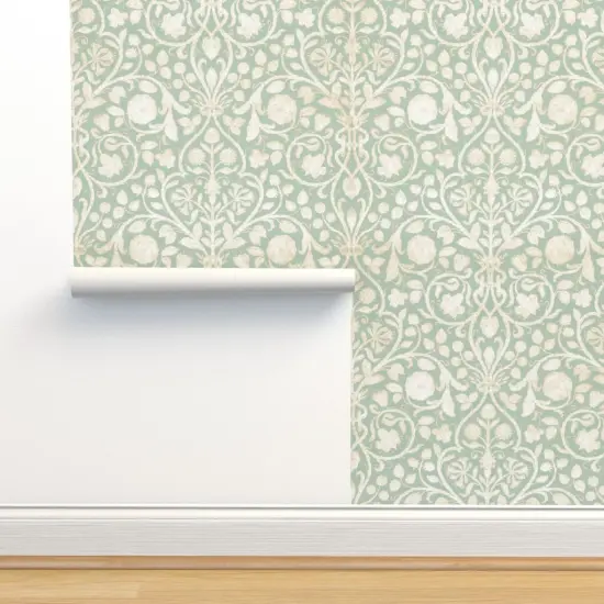 Peel & Stick Wallpaper 2FT Wide Mint Damask Floral Garden Victorian Arts And Crafts French Botanical Green Aqua Gray Custom Removable Wallpaper by Spoonflower {2}