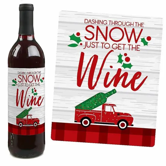 Big Dot of Happiness Merry Little Christmas Tree - Red Truck and Car Christmas Party Decor for Women and Men - Wine Bottle Label Stickers - Set of 4 {4}