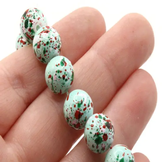 40 10mm Mint Green with Red & Pink Splatter Paint Smooth Round Glass Beads {5}