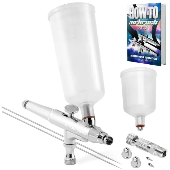 PointZero Dual Action Gravity-Feed 20cc and 40cc Airbrush Set with 3 Nozzle sets (0.2, 0.3, & 0.5mm Needles Fluid Tips and Air Caps) {1}