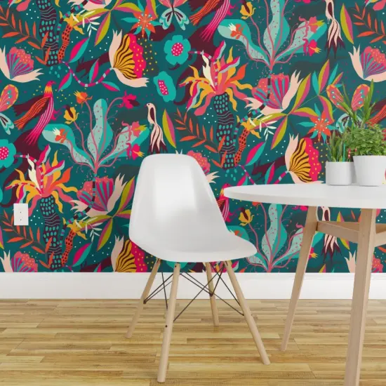 Pre-Pasted Wallpaper 2FT Wide Tropical Blooms Bright Flowers Bloom Wallpaper Tropical Midnight Exotic Rainforest Abundance Layered Adventure Surrealism Depth Palmtree Birds Custom Pre-pasted Wallpaper by Spoonflower {1}