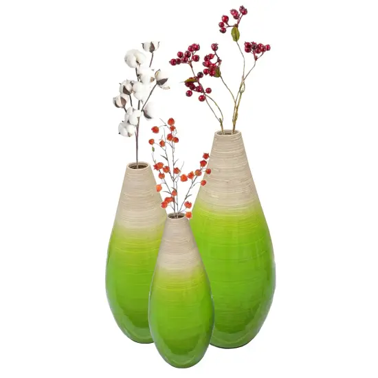 Contemporary Bamboo Floor Flower Vase Tear Drop Design for Dining, Living Room, Entryway Decoration Fill It with Dried Branches or Flowers, Green {1}