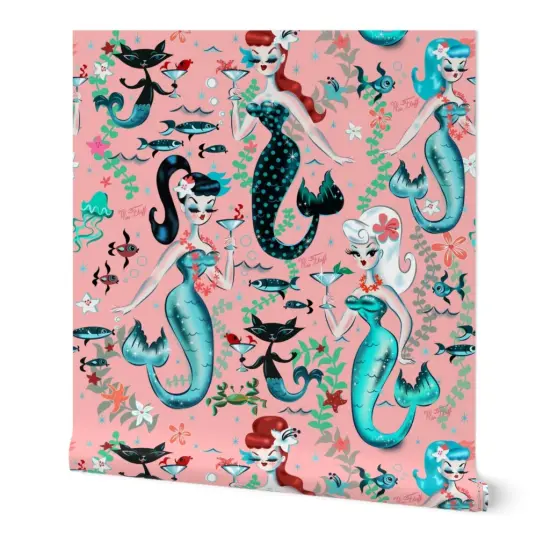 Peel & Stick Wallpaper 2FT Wide Martini Mermaids Coral Vintage Mermaid Retro Nautical Mid Century Ocean Princess Custom Removable Wallpaper by Spoonflower {7}