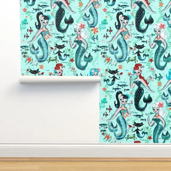 Peel & Stick Wallpaper 2FT Wide Midcentury Mod, Mermaids, Martini, Retro, Cocktail, Aqua, Cat, Starfish, Vintage, Kistch, Mod Custom Removable Wallpaper by Spoonflower {2}