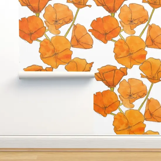 Pre-Pasted Wallpaper 2FT Wide California Poppy Watercolor Floral Orange Poppies Large Scale Custom Pre-pasted Wallpaper by Spoonflower {2}