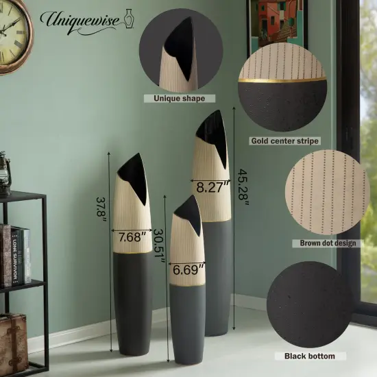 Freestanding Ceramic Floor Vase - Handcrafted Beige Polka Dot Striped Top and Black Bottom, Large Waterproof Vase for Tall Floral Arrangements, Unique Shaped Flower Holder {4}