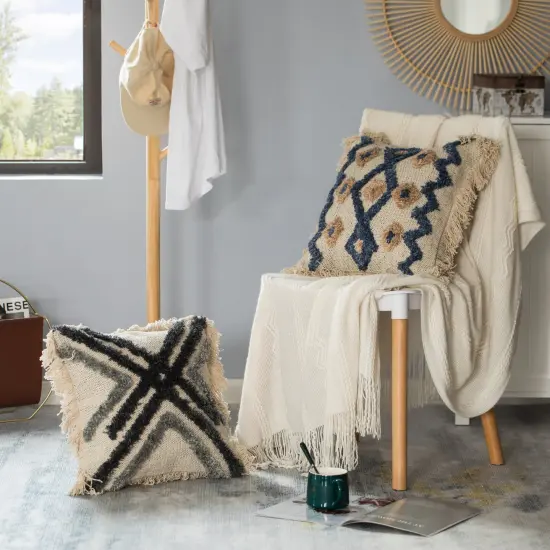 16" Handwoven Cotton & Silk Throw Fringed Pillow Cover Embossed Zig Zag & Crossed Lines Design {2}