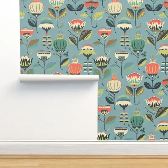 Pre-Pasted Wallpaper 2FT Wide Mod Floral Folk Art Retro Botanical Scandinavian Garden Custom Pre-pasted Wallpaper by Spoonflower {2}