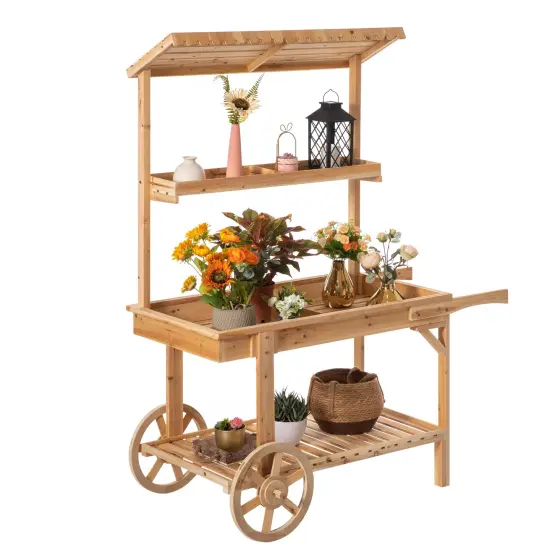 Antique Solid Wood Decor Display Rack Cart Wood Plant Stands with Wheels for Decor Display | 2 Wheeled Wood Wagon with Shelves for Plants and More {1}