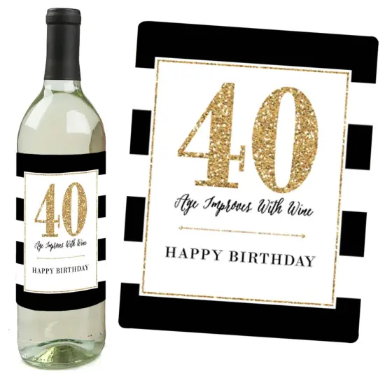 Big Dot of Happiness Chic 40th Birthday - Pink, Black and Gold - Birthday Gift For Women - Wine Bottle Label Stickers - Set of 4 {6}