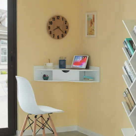 Corner Desk Heart Shaped Wall Mounted Office Table with Drawer and Two Shelves Computer Writing Desk White {11}