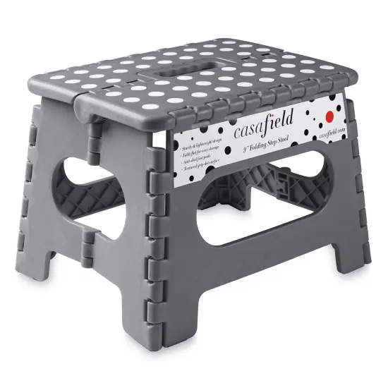 Casafield 9" Folding Step Stool with Handle, Gray - Portable Collapsible Small Plastic Foot Stool for Kids and Adults - Use in the Kitchen, Bathroom and Bedroom {1}