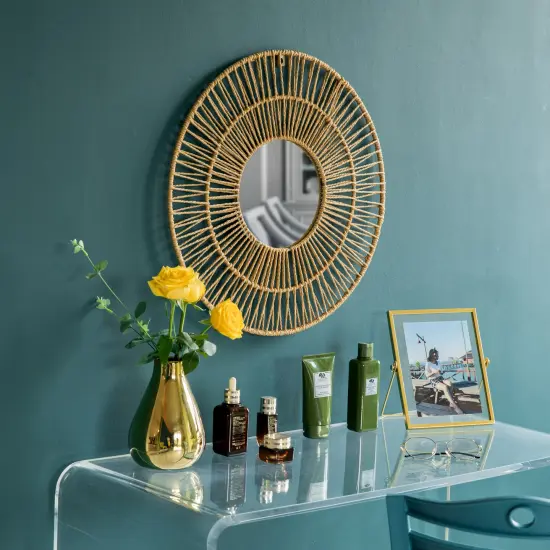 Decorative Woven Paper Rope Round Shape Bamboo Wood Modern Hanging Wall Mirror {3}
