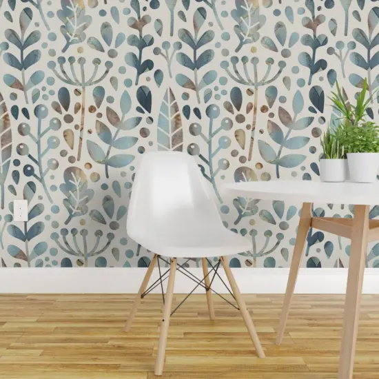Pre-Pasted Wallpaper 2FT Wide Woodland Muted Blue Large Scale Modern Botanicals Custom Pre-pasted Wallpaper by Spoonflower {1}
