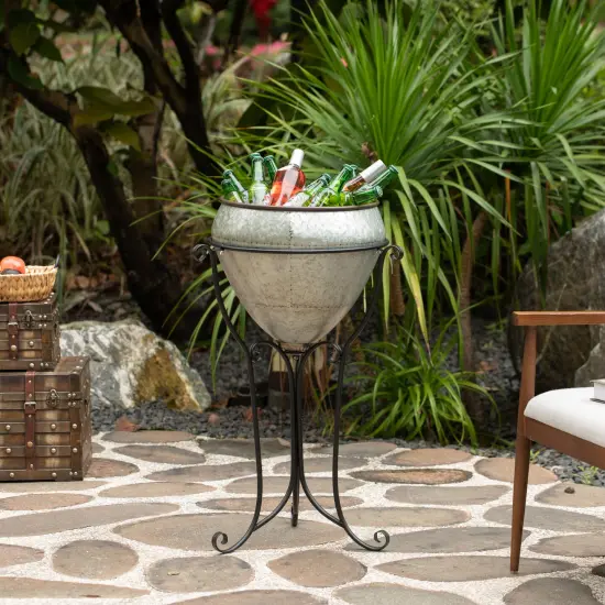 Silver Galvanized Metal Beverage Cooler Tub with Liner and Stand {5}