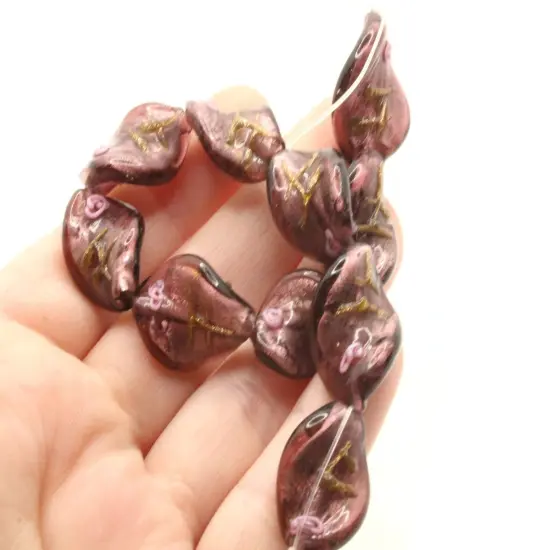10 20mm Purple with Pink and Green Flower Lampwork Glass Flat Oval Twist Beads {4}