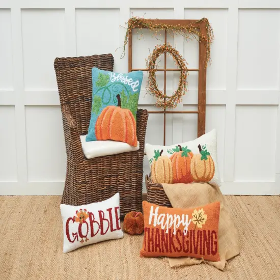 Gobble Thanksgiving Turkey Hooked Small Petite Throw Pillow, 10" x 20" {3}