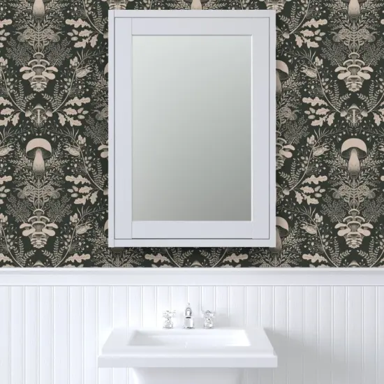 Peel & Stick Wallpaper 2FT Wide Neutral Woodland Dark Green Cream Beige Forest Damask Mushroom Gray Custom Removable Wallpaper by Spoonflower {6}
