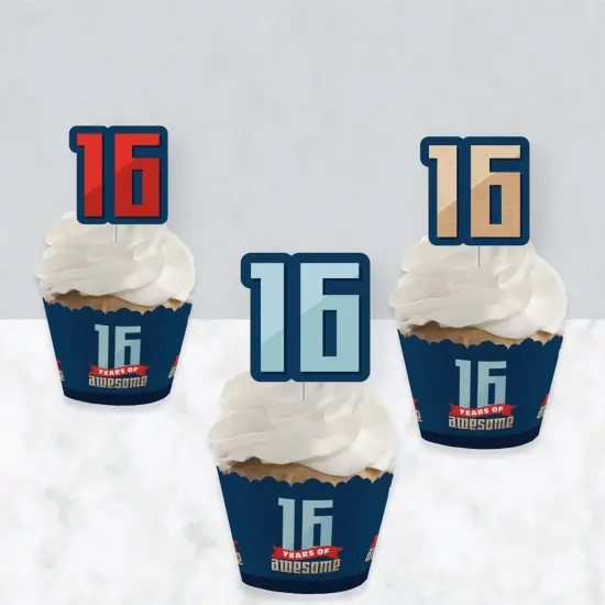 Big Dot of Happiness Boy 16th Birthday - Cupcake Decoration - Sweet Sixteen Birthday Party Cupcake Wrappers and Treat Picks Kit - Set of 24 {4}