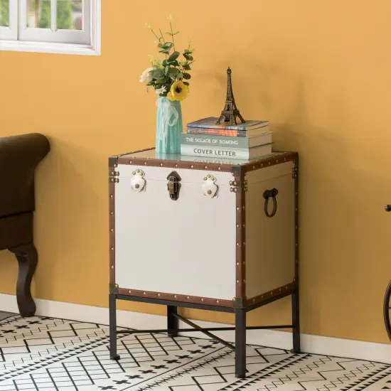 Faux Leather Trimmed Lockable Square Lined Storage Trunk, End Table on Metal Stand Silver {2}