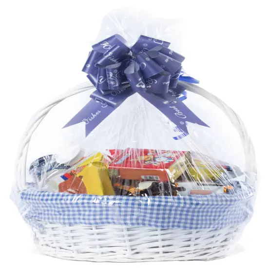 White Round Willow Gift Basket, with Gingham Liner and Handle Blue {2}