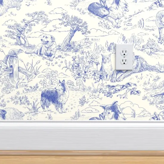 Peel & Stick Wallpaper 2FT Wide Blue Toile Country Style Hand Drawn Landscape Traditional Collie Toil Ecru Sheep Dog Australian Shepherd Shetland Custom Removable Wallpaper by Spoonflower {4}