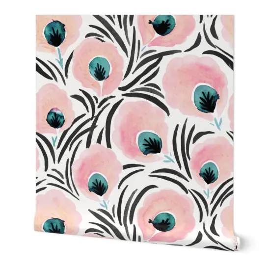 Peel & Stick Wallpaper 2FT Wide Feather Flowers Floral Art Deco Soft Pastel Blush Pink White Turquoise Black Custom Removable Wallpaper by Spoonflower {7}