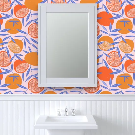 Pre-Pasted Wallpaper 2FT Wide Bright Citrus Orange Tropical Vector Art Hand-Drawn Tangerine Custom Pre-pasted Wallpaper by Spoonflower {6}