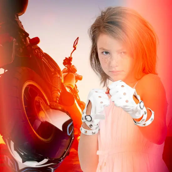 Fingerless Faux Leather Gloves - White Biker Punk Gloves with Belt Up Closure and Rivet Design for Women and Kids {2}