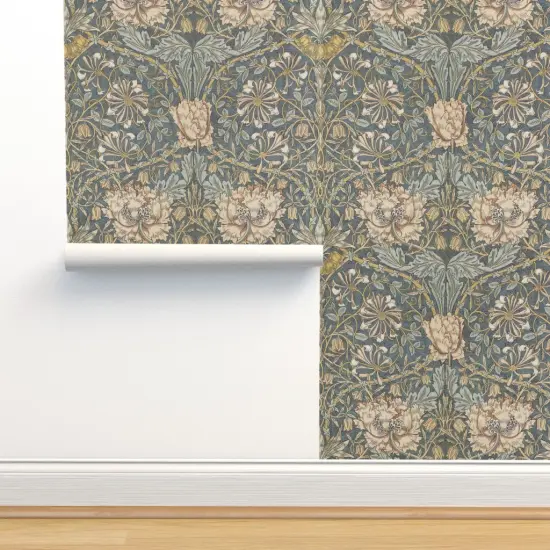 Peel & Stick Wallpaper 2FT Wide Floral Damask Victorian Vintage Style Edwardian Arts And Crafts Gray Blue Tan Custom Removable Wallpaper by Spoonflower {2}