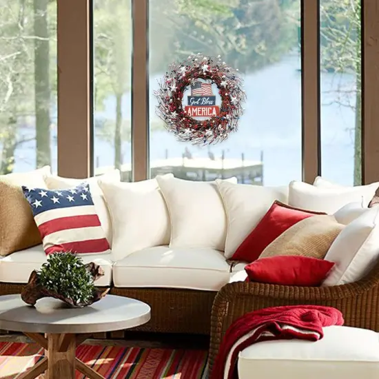Patriotic 18-Inch Red, White, and Blue Berry Wreath with Americana Flag for 4th of July, Memorial Day, and Veterans Day {3}