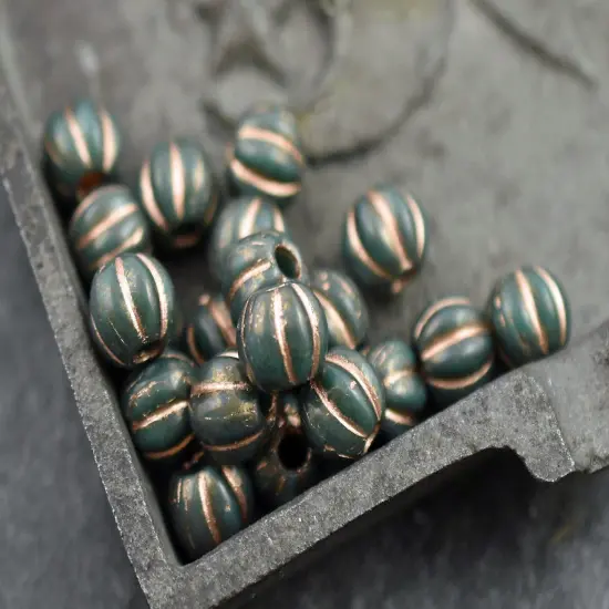 Gold Washed Bronzed Dark Blue Green Large Hole Melon Beads -- Choose Your Size {5}