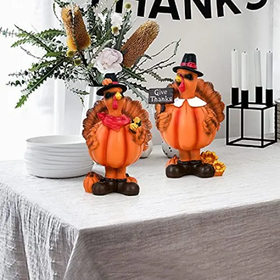 Standing Turkey Couple Thanksgiving Decorations, 2 Pack Resin Turkeys Give Thanks Autumn Fall Tabletop Decor Figurine Decorative Centerpieces Harvest Home Ornament {2}
