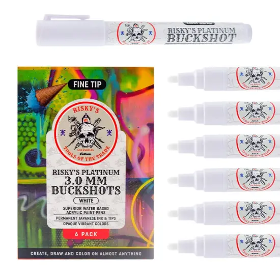 Risky's Tools of the Trade Platinum 3mm Buckshot 6 Pack of White Acrylic Paint Pens for Graffiti or Fine Art {6}